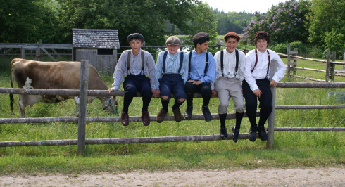 Five boys in period costumes sitting on a fence, a cow in the background.